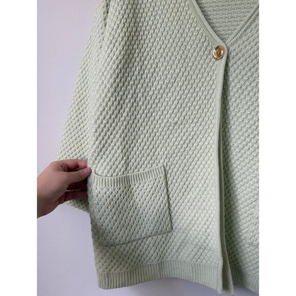 St. John Wool Knit Bell-Sleeve Open-Front Pockets Cardigan Sweater Pastel Green - Picture 2 of 14